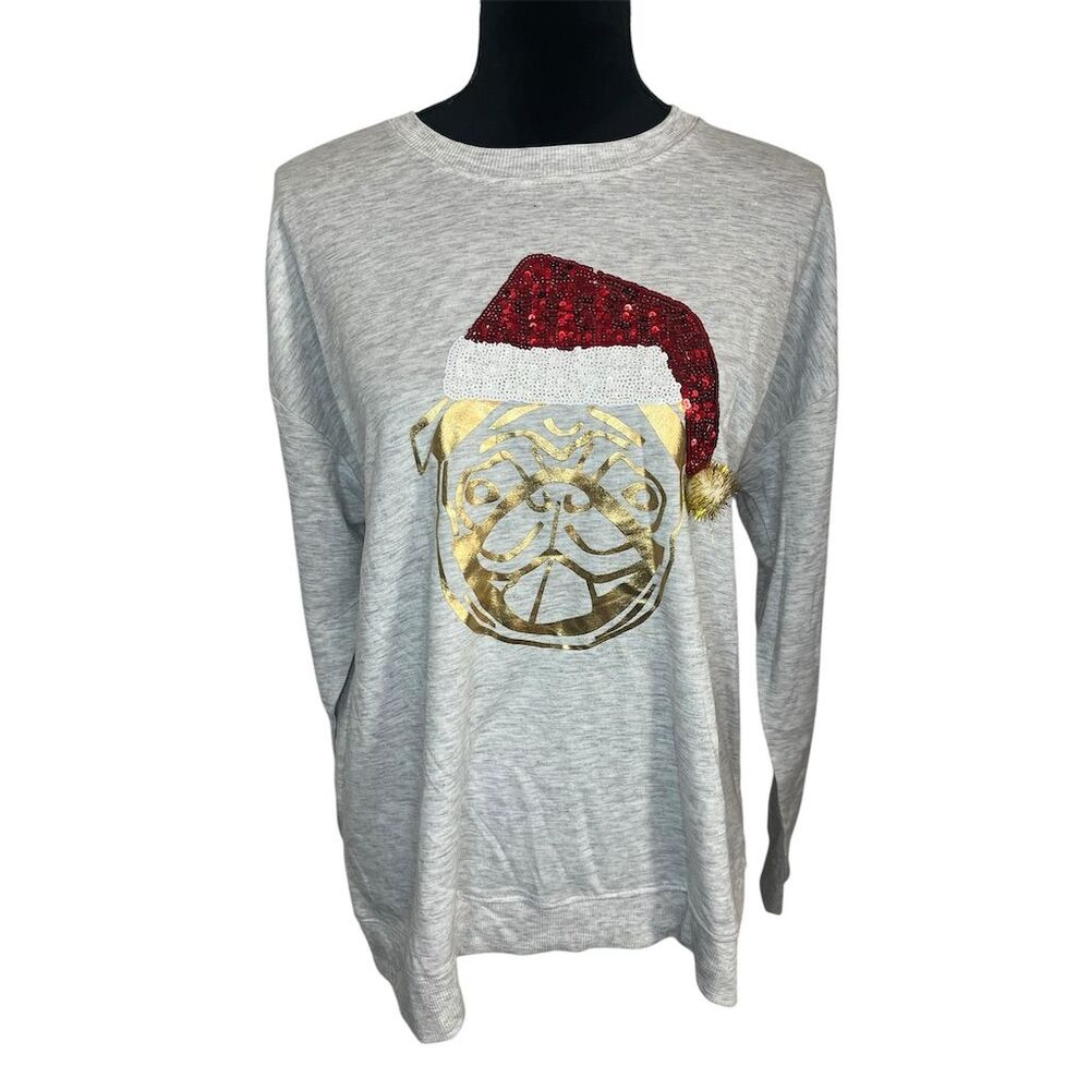 Workshop Republic Women's Gray Sequin Santa‎ Hat Dog Christmas Shirt